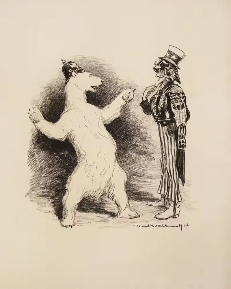 A polar bear with a Prussian helmet talks with Uncle Sam dressed in armor. — William Henry Walker