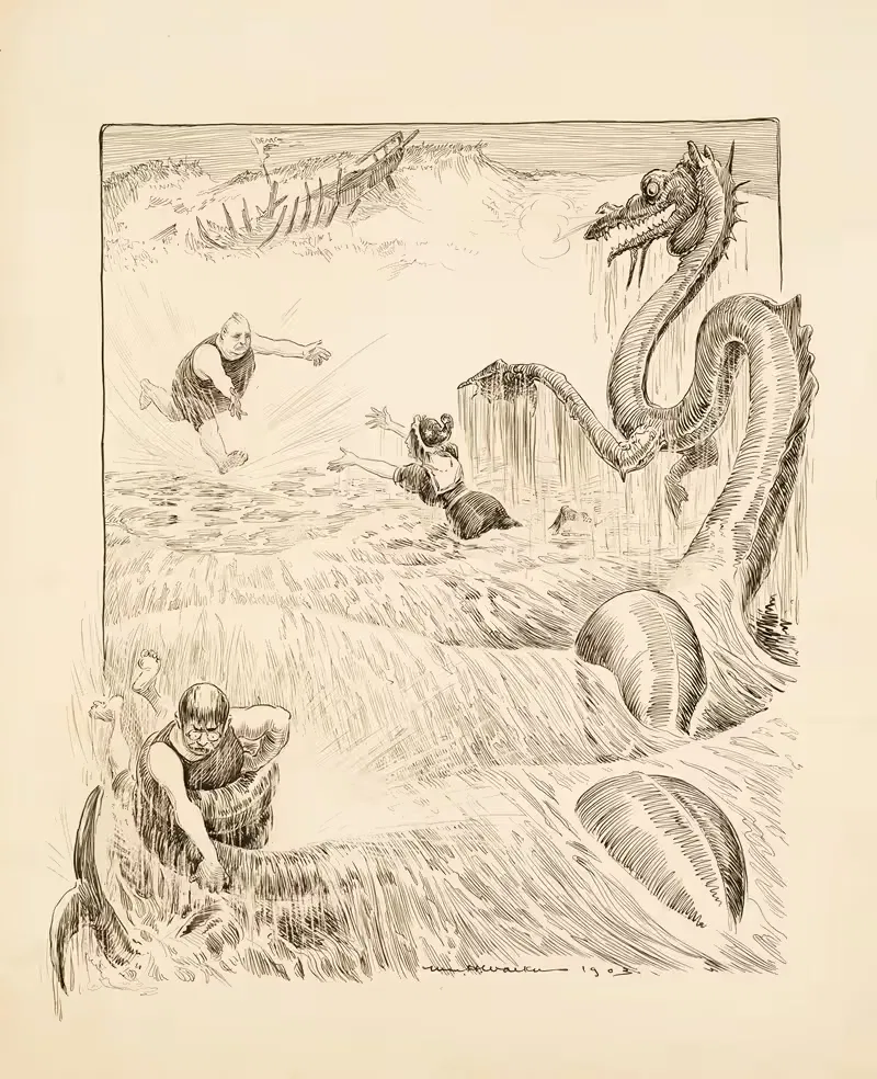 A ship representing Democracy has been wrecked by a Chinese dragon — William Henry Walker