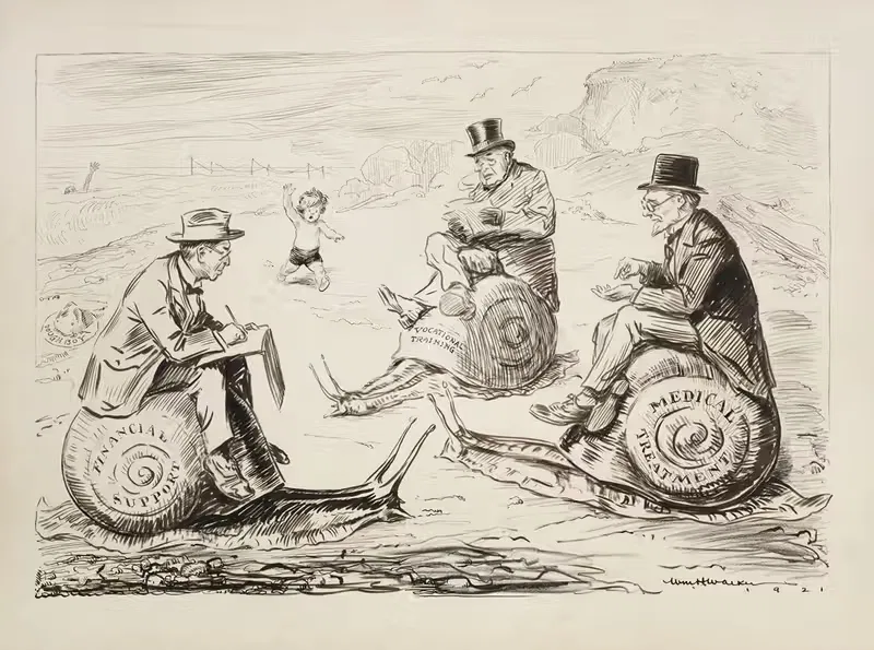 A young boy approaches three men writing and riding snails — William Henry Walker