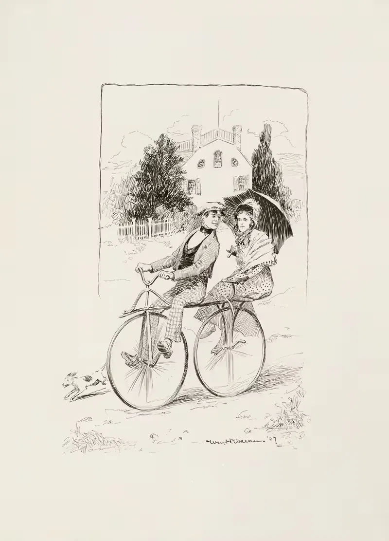 A young couple ride on a tandem bicycle. — William Henry Walker