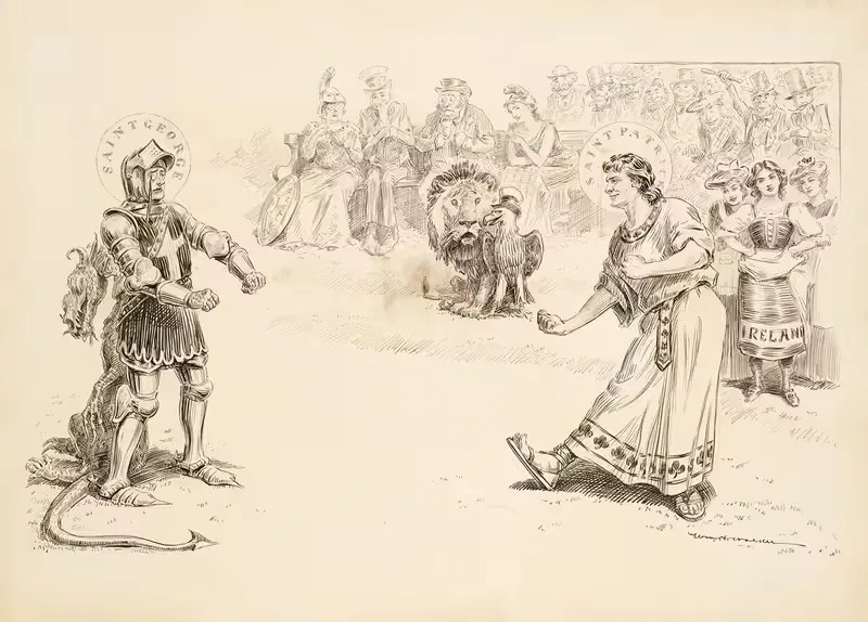 Saint George and Saint Patrick prepare to fight before a crowd — William Henry Walker