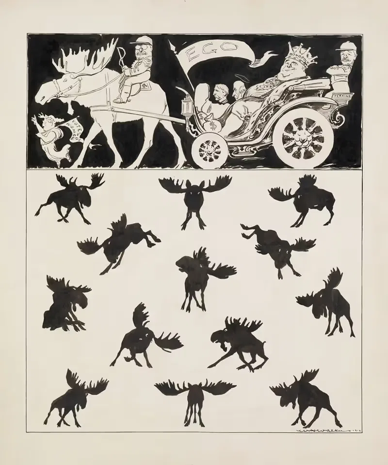 Theodore Roosevelt riding a bull moose that pulls a carriage — William Henry Walker
