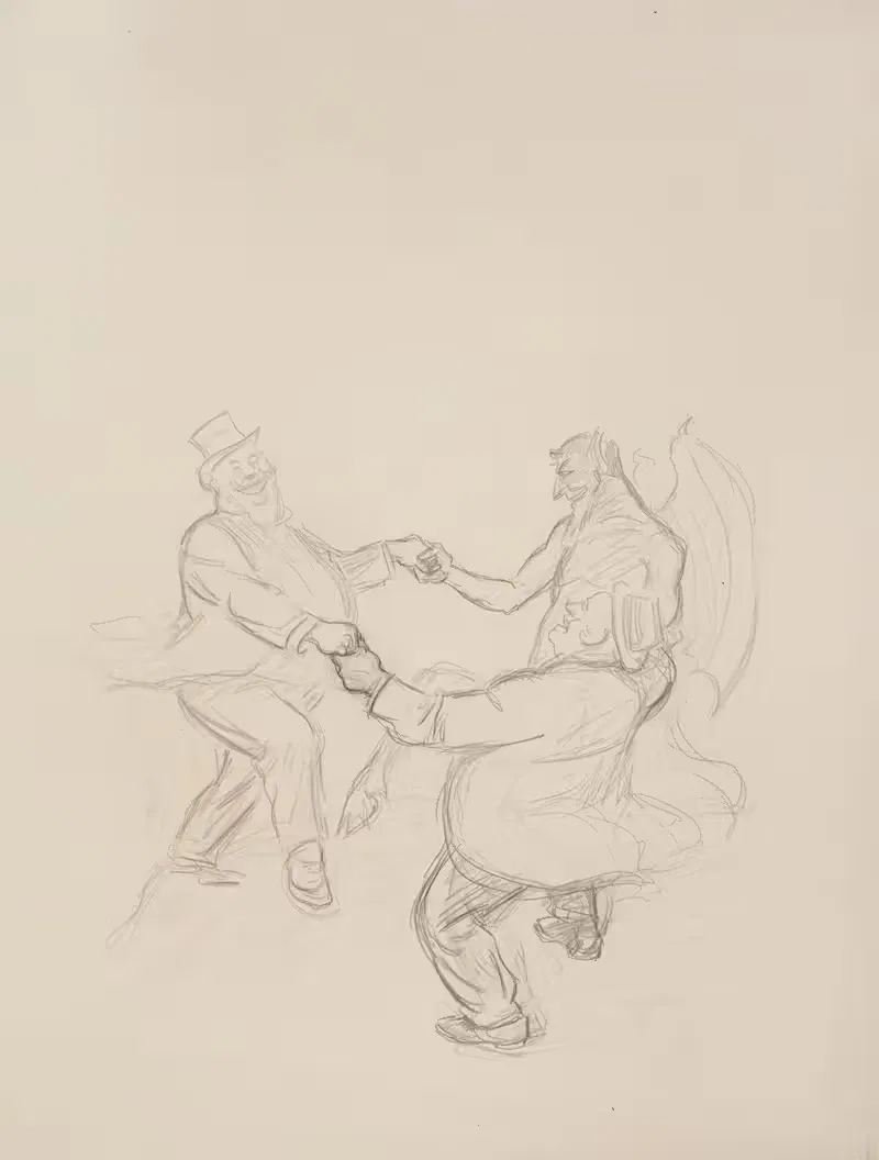 Two fat men in suits dance happily with a demon. — William Henry Walker