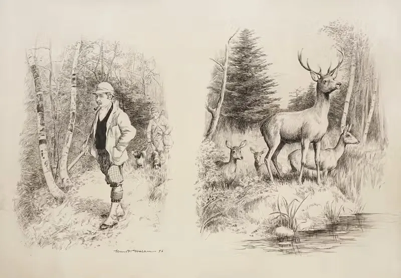Два охотника идут через лес. by Уильям Генри Уокер, 1896 — digital art print download