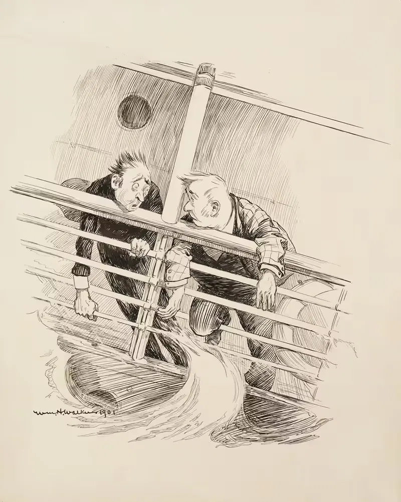 Two ill men lean on the railing of a ship. — William Henry Walker