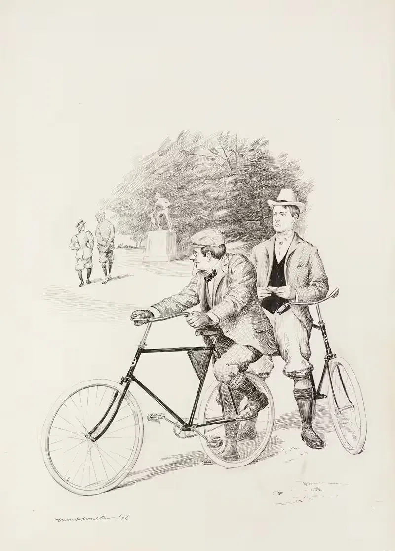 Два мужчины с велосипедами в парке by Уильям Генри Уокер, 1896 — digital art print download