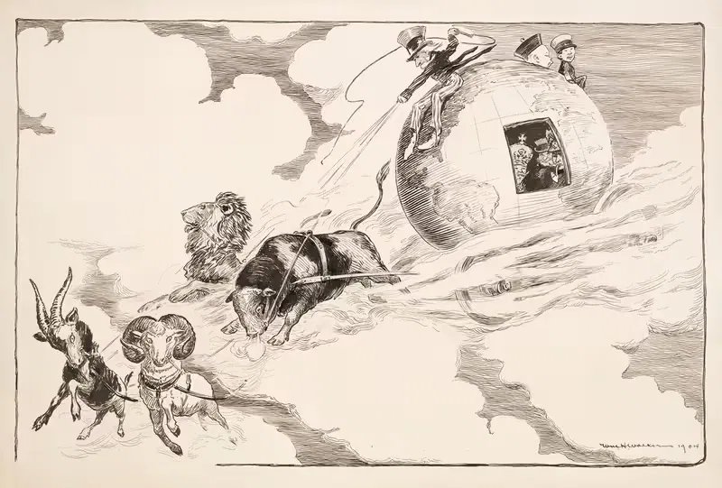 Uncle Sam drives a carriage made of the globe — William Henry Walker