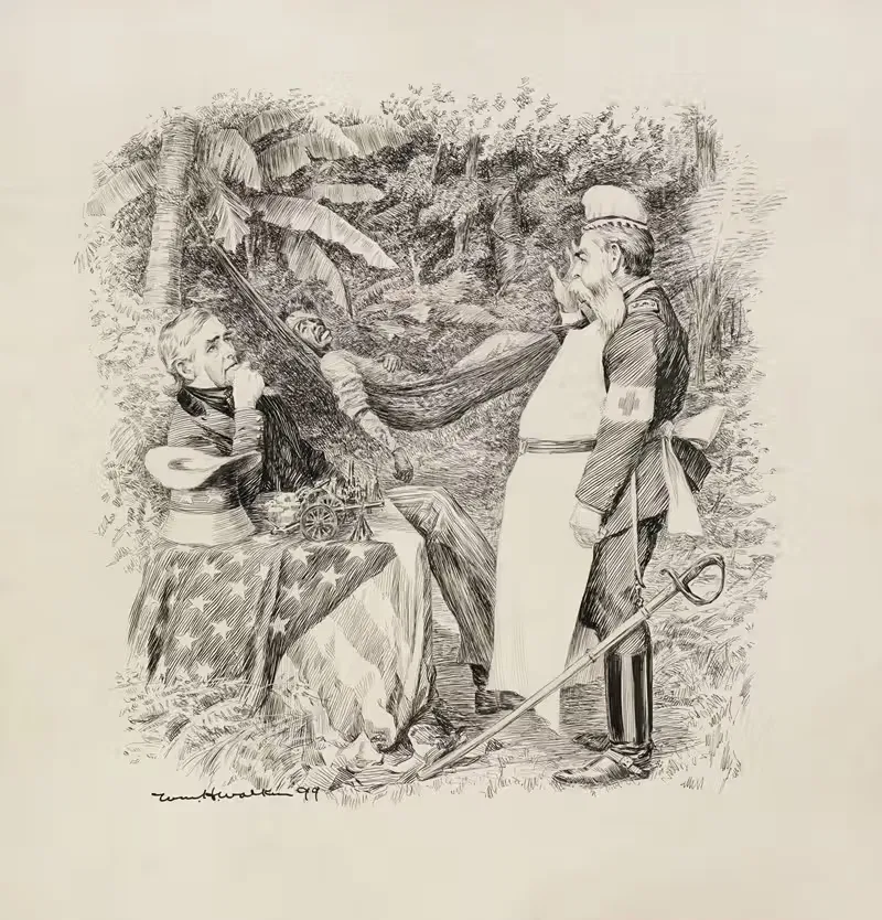 Uncle Sam speaks to a man in Red Cross uniform — William Henry Walker