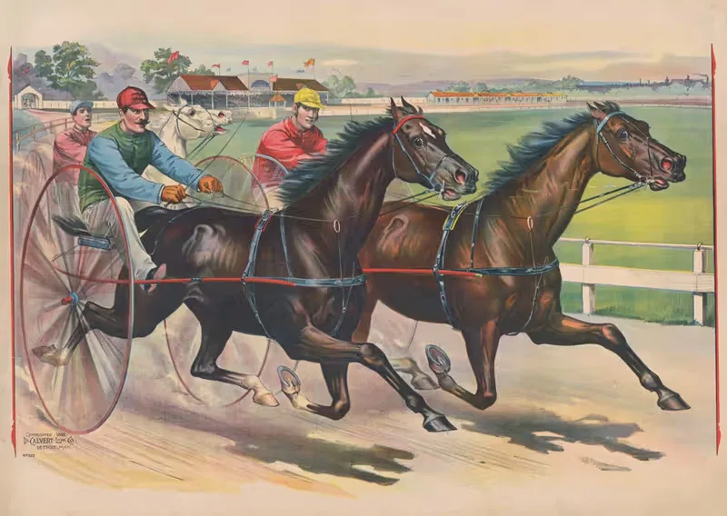 Three horses with jockeys running a harness race — Calvert Litho. Co