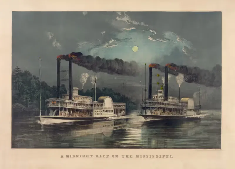 A midnight race on the Mississippi — Currier & Ives.