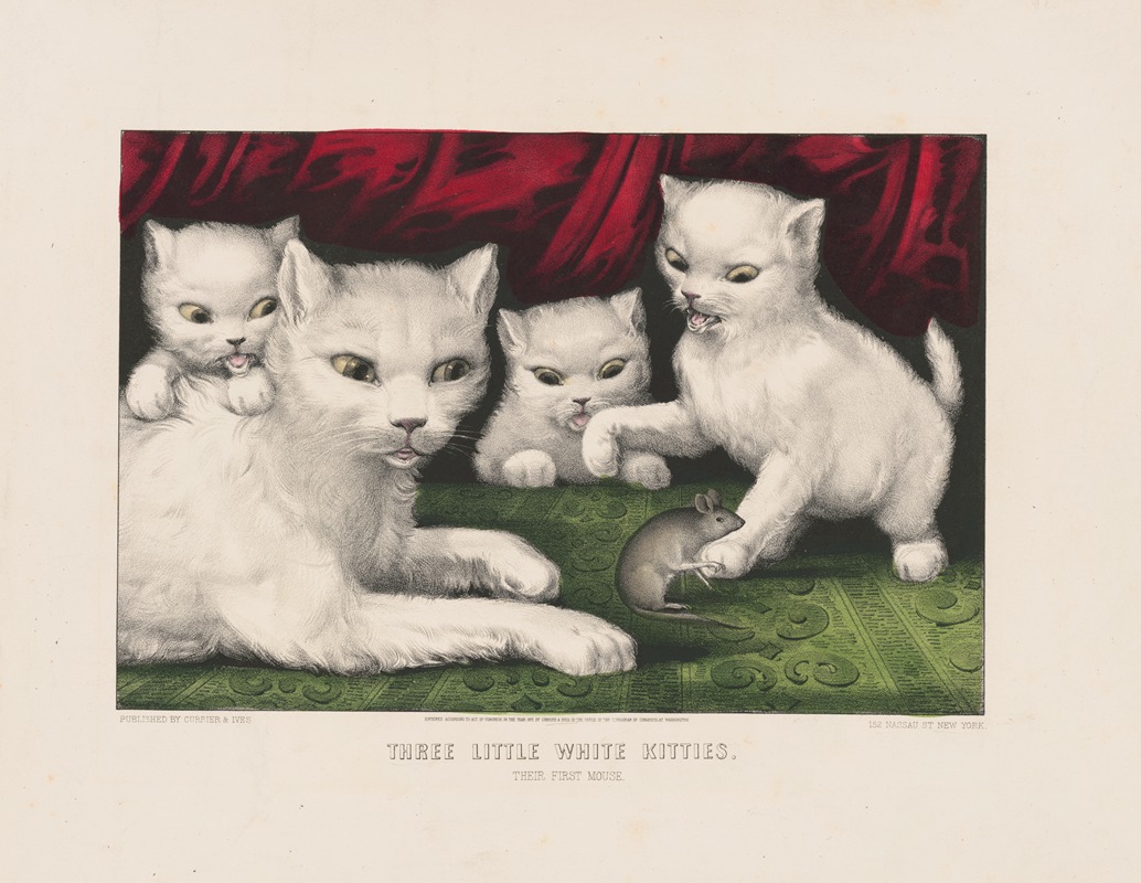 Three little white kitties – their first mouse by Керриер и Айвс, 1871 — digital art print download