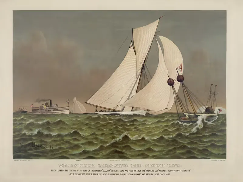 Volunteer crossing the finish line — Currier & Ives.