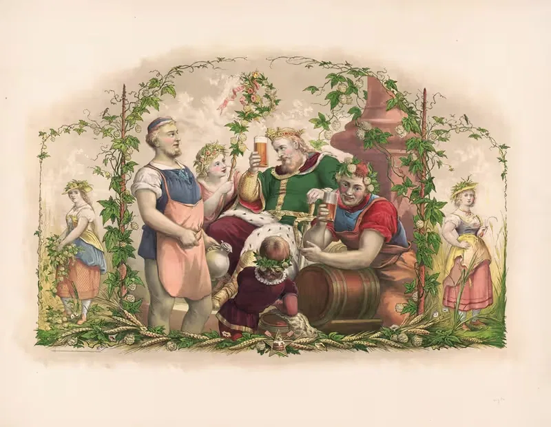 King Gambrinus seated, attended by brewers — Wittemann Bros.