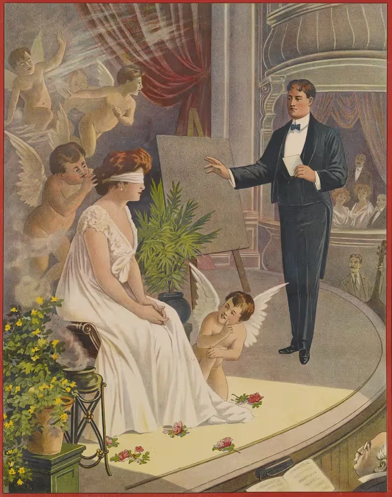 Magician with blindfolded woman and putti — Jordan Show Print Co.