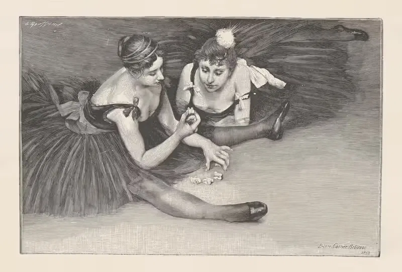 In the greenroom; danseuses playing with 'osselets' — Pierre Carrier-Belleuse