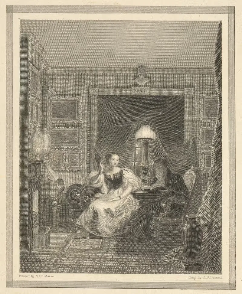Interior view with husband reading to wife — Asher Brown Durand