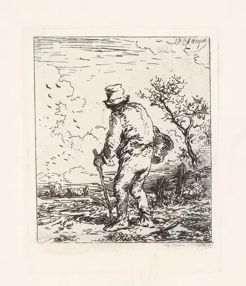 Traveling man with basket and walking stick — Charles Emile Jacque