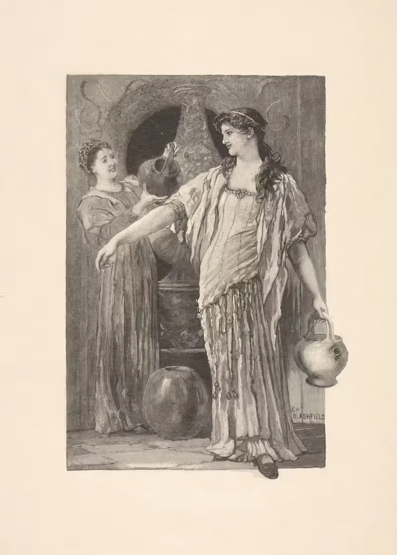 Maid pouring water over woman's arm — Edwin Howland Blashfield