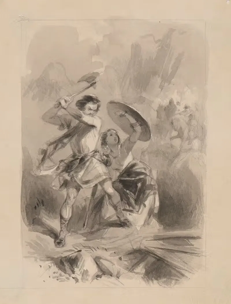 Man wielding ax and woman holding shield — Felix Octavius Carr Darley