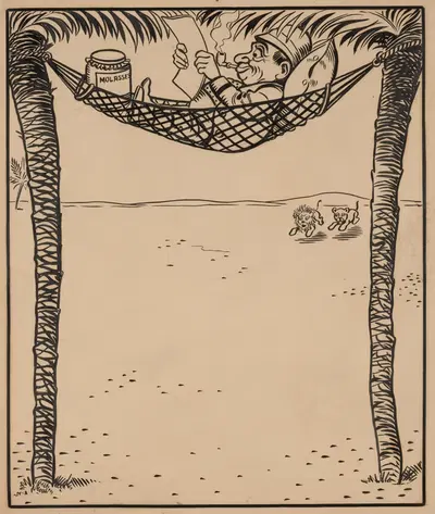 Nine comic strip frames of man dropping molasses and feathers on lions beneath his hammock Pl.1 by Franklin Morris Howarth…
