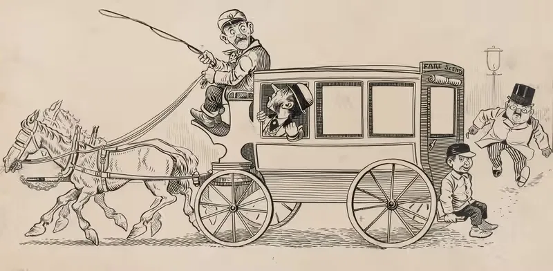 Six comic strip frames of coach driver and mischievous boy Pl.1 — Franklin Morris Howarth