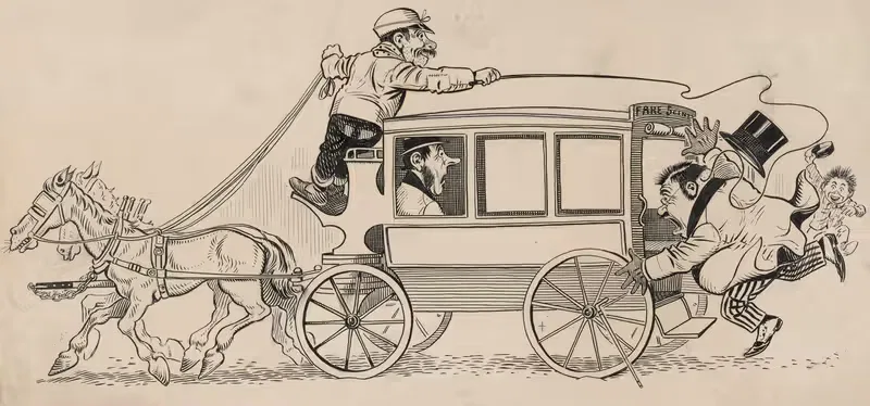 Six comic strip frames of coach driver and mischievous boy Pl.4 — Franklin Morris Howarth