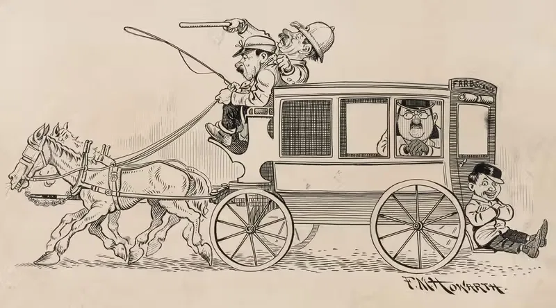 Six comic strip frames of coach driver and mischievous boy Pl.6 — Franklin Morris Howarth