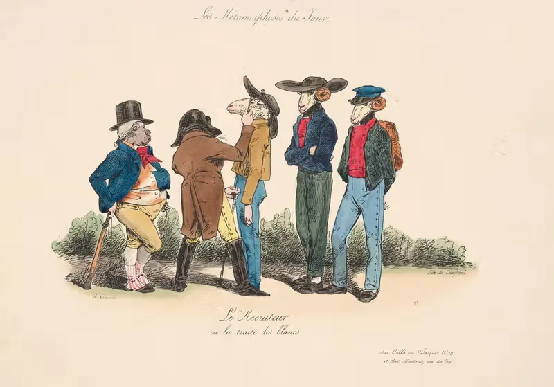 Daily transformations; The recruiter, or trafficking in whites — J. J. Grandville