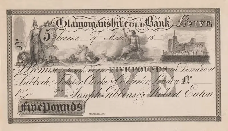 Пятирублевая купюра Старого банка Гламоргана by Перкинс и Хит, 1820-1829 — digital art print download