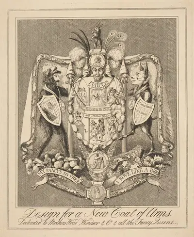 Design for a new coat of arms. Dedicated to Mothers Wood, Windsor & Co. & all the fancy Queens. by Theodore Lane, 1821 —…
