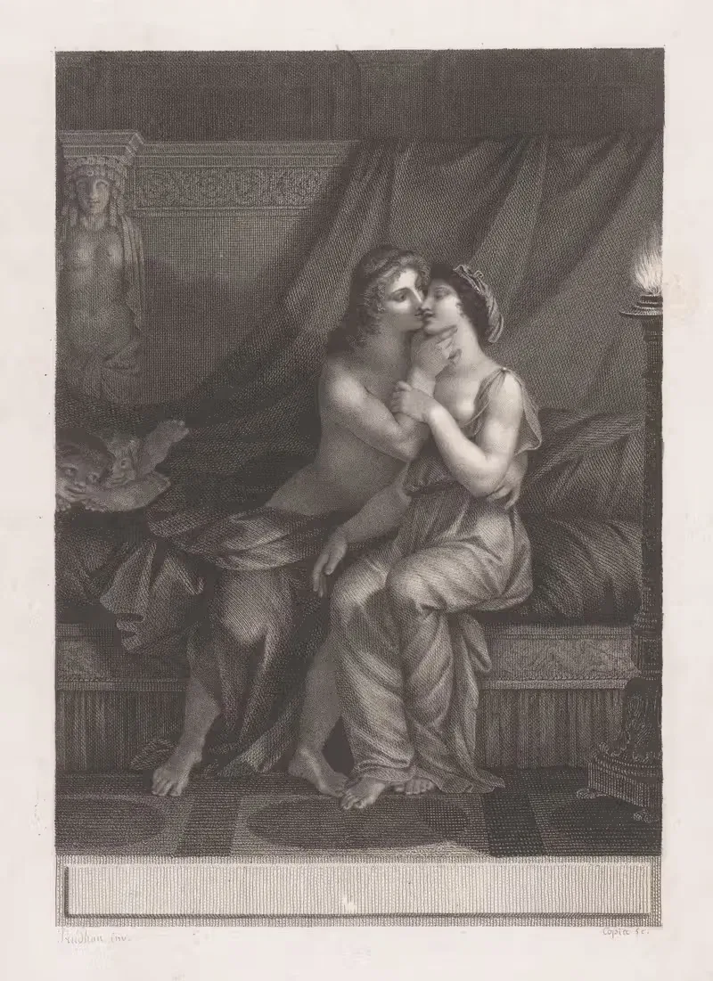 Couple in love sitting on bed — Jacques Louis Copia
