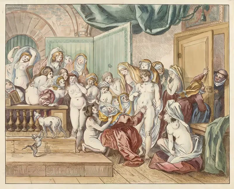 Abdes discovers a young man among her undressed nuns — Johann Heinrich Ramberg