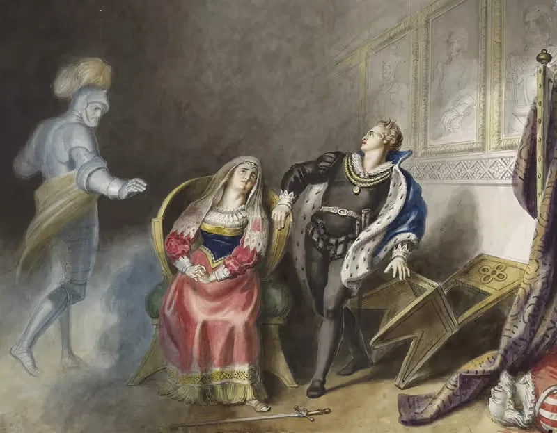 Hamlet, III, 4, Ghost, Queen, and Hamlet by Johann Heinrich Ramberg, 1829 — digital art print download
