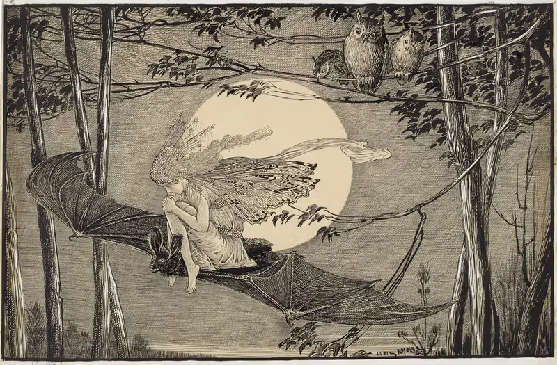 Ariel – on a bat's back I do fly, there I couch when owls do cry — Louis Rhead