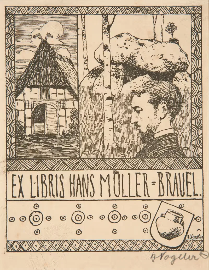 Ex Libris Hans Müller-Brauel by Heinrich Vogeler, 1897 — digital art print download