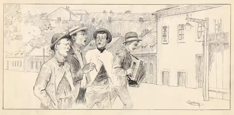 Четыре уличных музыканта by Йозеф Энгельхарт, 1900 — digital art print download