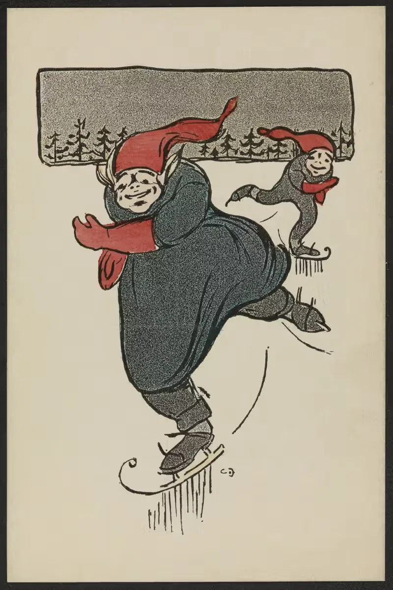 Christmas card, elves on ice skates — Anonymous