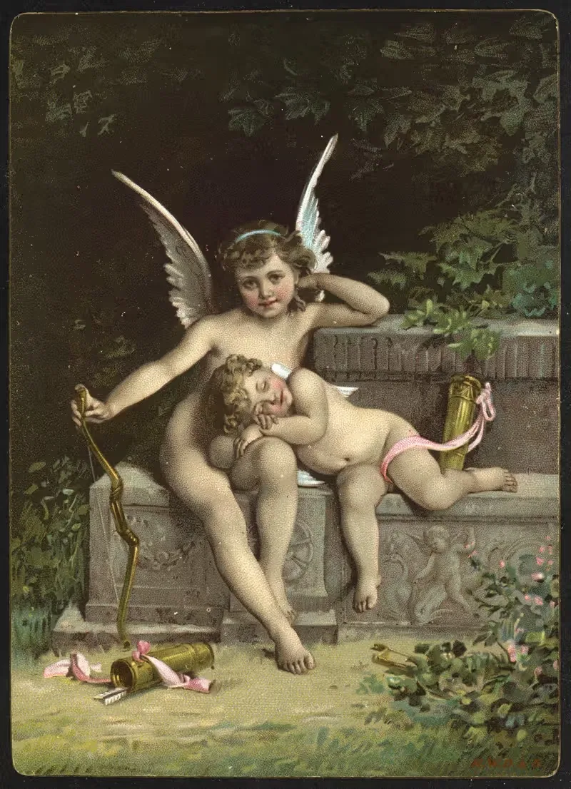 Two cupid figures sitting on a bench by Anonymous — digital art print download