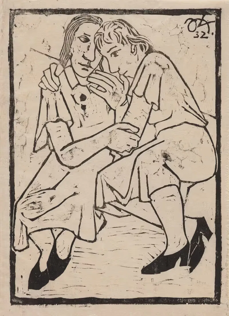 Две женщины, сидящие на скамейке, обнявшись by Иоахим Карш, 1932 — digital art print download