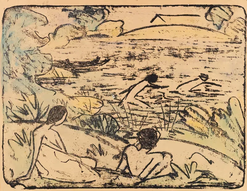 Badeszene mit vier Figuren, Haus und Boot — Otto Mueller