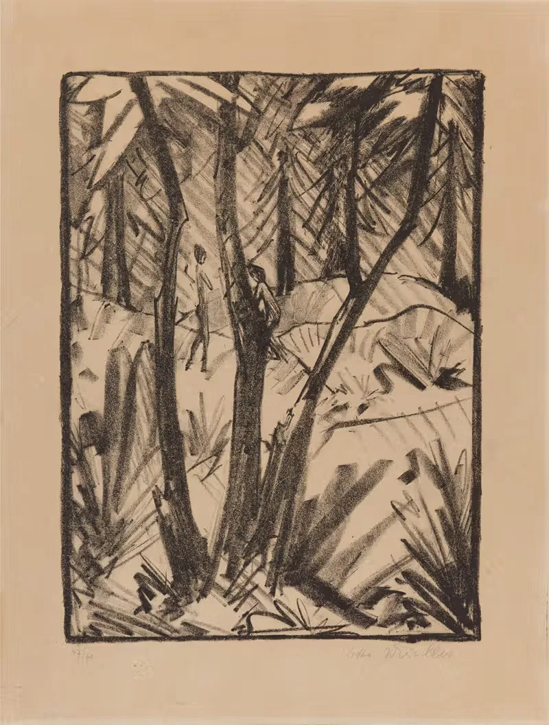Лесной пейзаж с маленькими фигурами 2 by Отто Мюллер, 1919 — digital art print download
