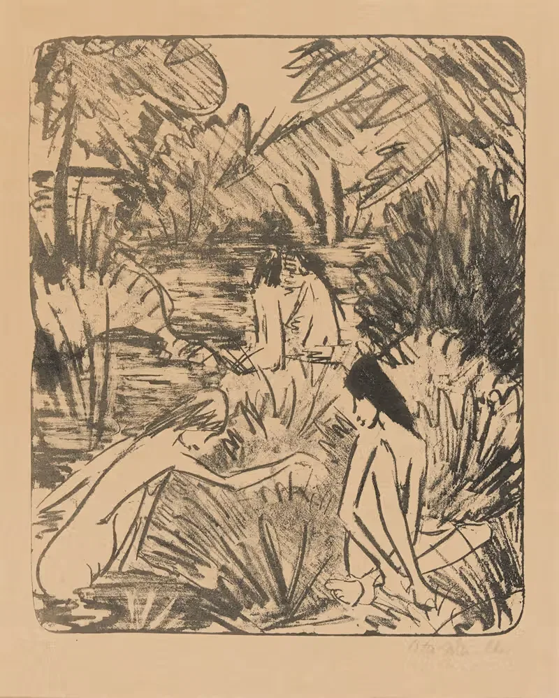 Waldsee mit drei badenden und einem sitzenden Mädchen 2 — Otto Mueller