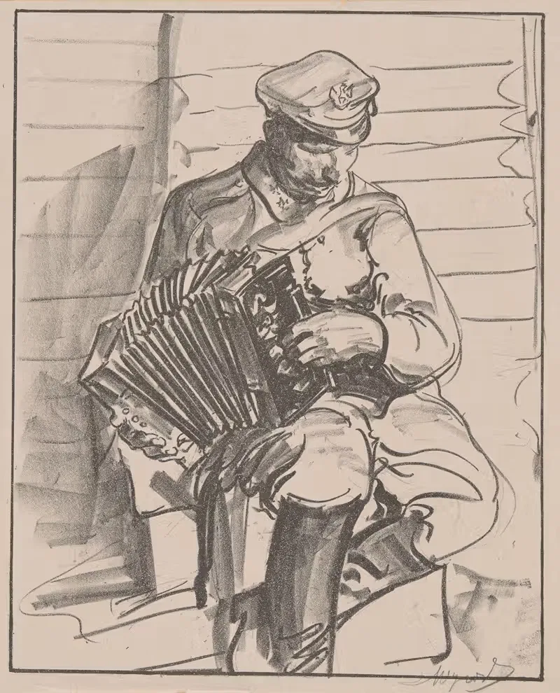 A legionary playing the accordion — Leon Wyczółkowski