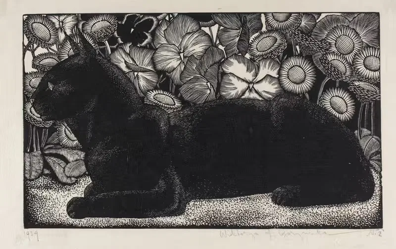 Black cat on flower background by Wiktoria Goryńska, 1939 — digital art print download