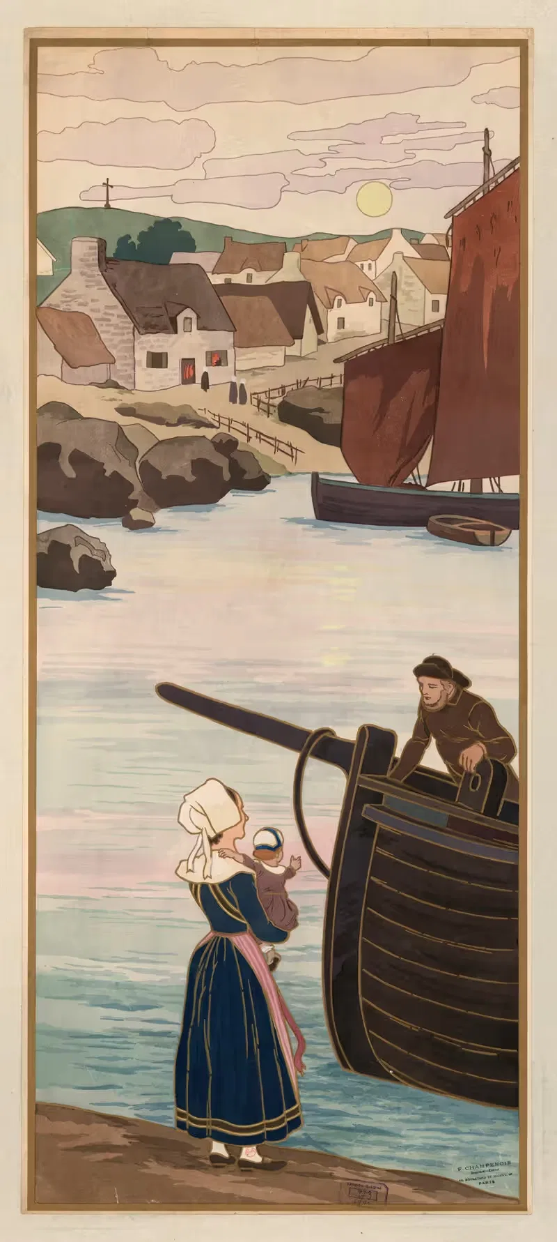 Paysage breton – bateaux et pêcheur — Imp. F. Champenois