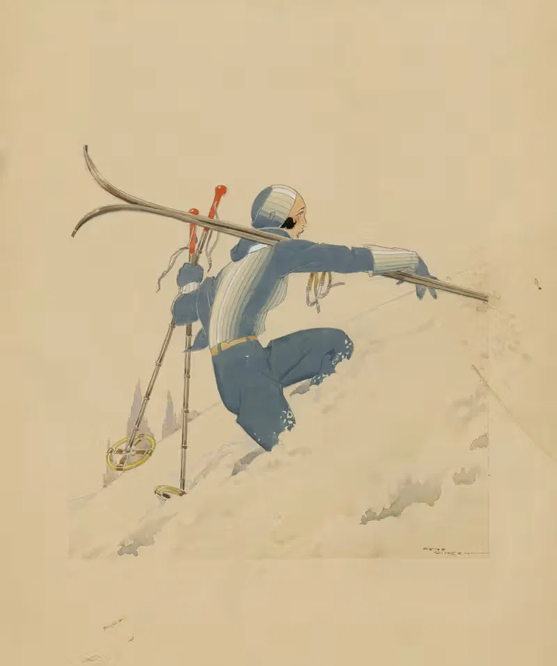 Skieuse à pied dans la neige — René Vincent