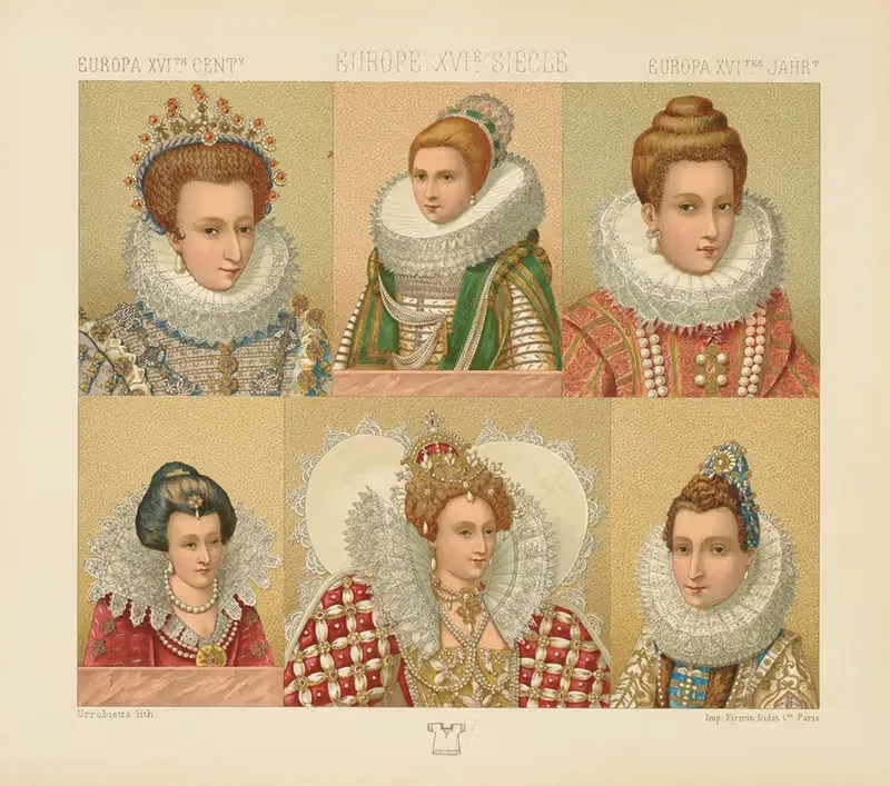 Costumes feminins, modes, collerettes, coiffures — Auguste Racinet
