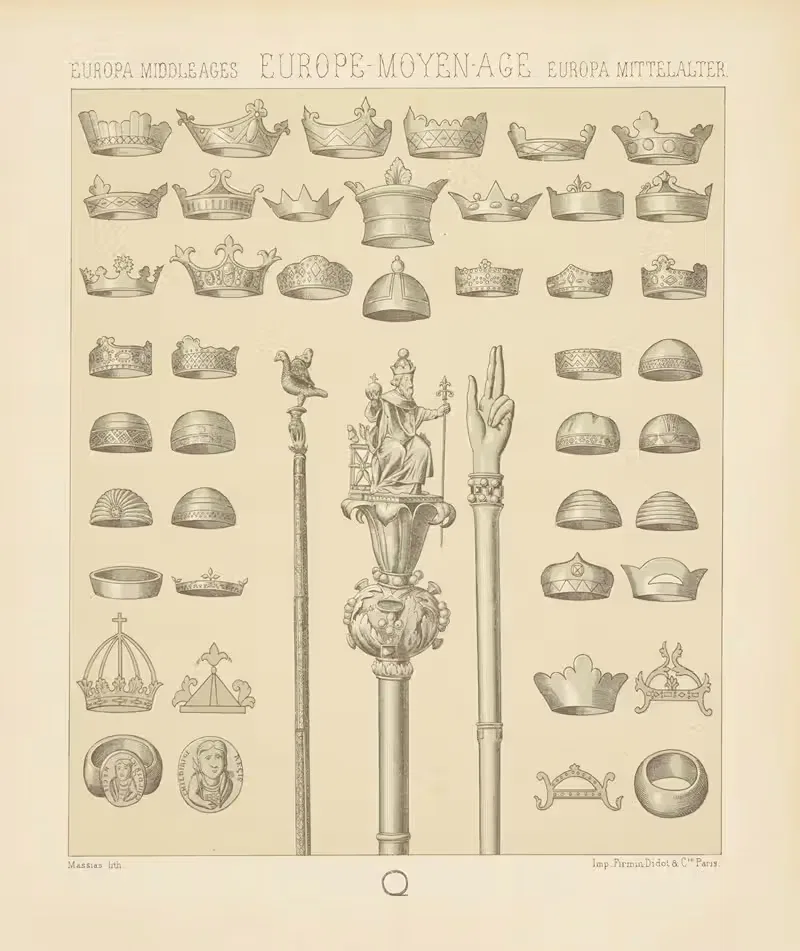 Couronnes des rois, sceptres, main de justice, annulaire — Auguste Racinet