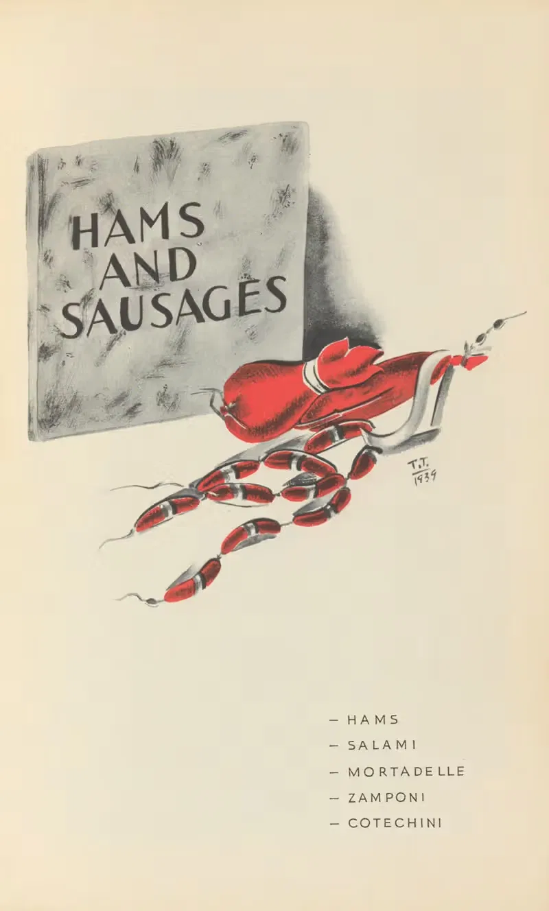 Ham and sausages by T. Tommasini, 1939 — digital art print download