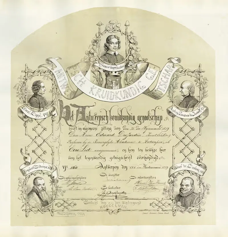 Diploma van het Antwerpsch kruidkundig genootschap — Edward Dujardin